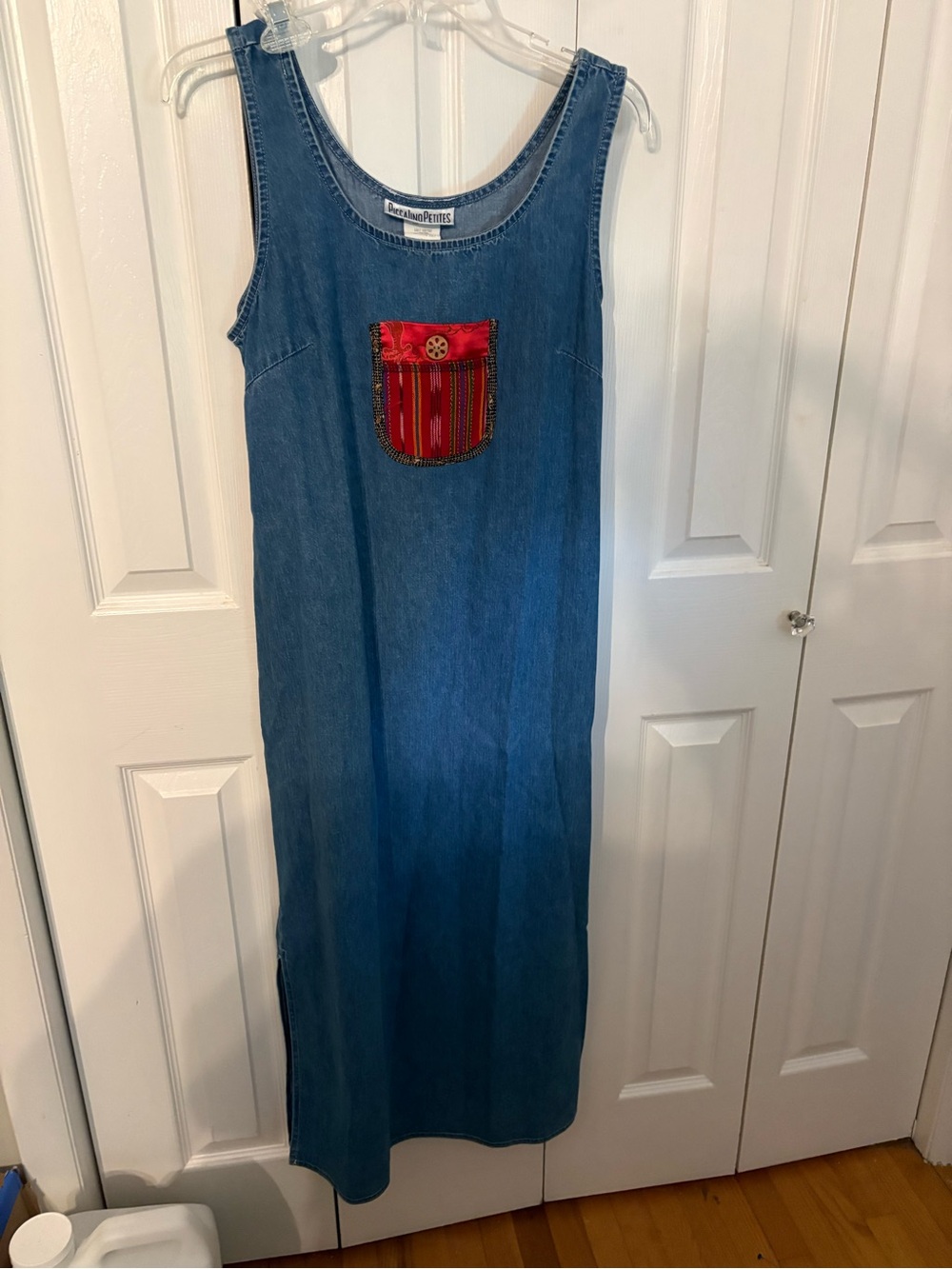 PiccalinoPetites Denim Maxi Tank Dress with Red Embroidered Pocket